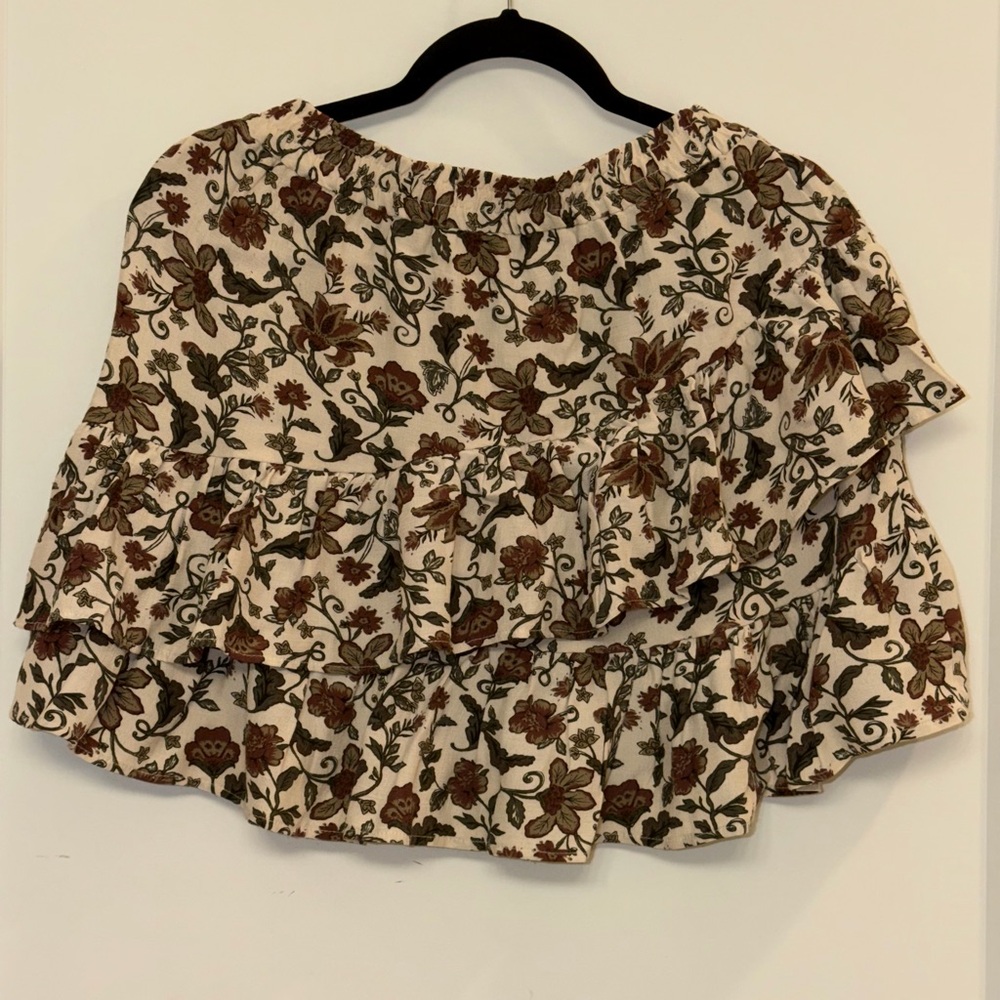 H&M Cream and Brown Floral Ruffle Blouse